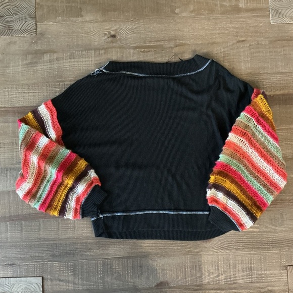 We The Free Black Knit Sweater With Colorful Balloon Sleeves and White Stitching - Picture 4 of 5